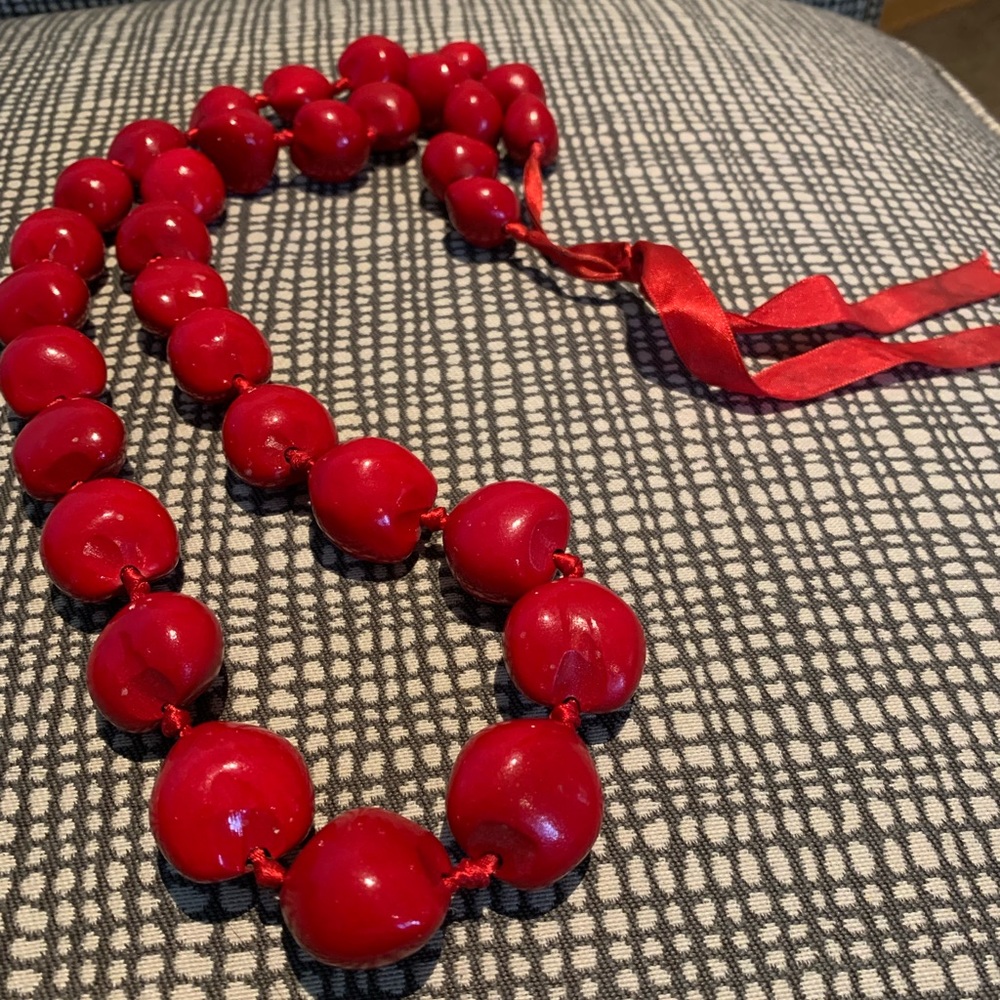 KUKUI NATURAL BEAD NECKLACE- Vibrant Red, 17 inch length, Ribbon Closure